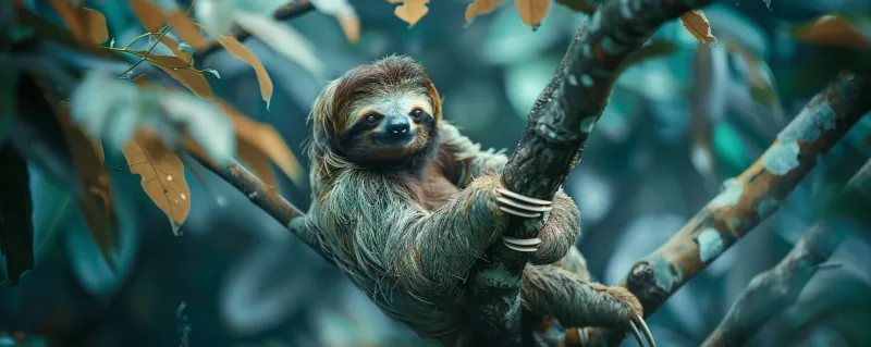Sloth resting on a tree branch in an Austin animal shelter.