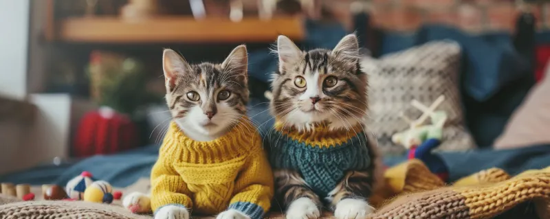 Two cats wearing sweaters from an Austin pet store.